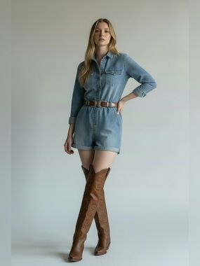 Free people Denim romper jumpsuit long sleeve western south western cowboy l/xl